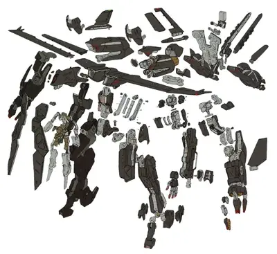 Flight Unit from Nier Automata exploded view artwork showing mechanical components in detailed render