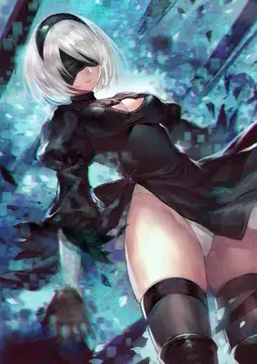 Digital art of NieR Automata's 2B from a low angle, showing her white hair, blindfold, and black dress against a glitchy blue and teal background.