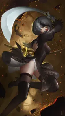 2B from Nier Automata high-octane combat strike - digital artwork showing android warrior in signature outfit