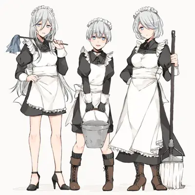 2B, 9S, and A2 from Nier Automata dressed in maid outfits - digital artwork showing androids in casual cleaning attire