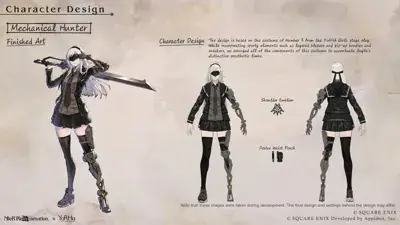 Character design sheet of a Mechanical Hunter from Nier Reincarnation x YoRHa featuring detailed prosthetic limb breakdown