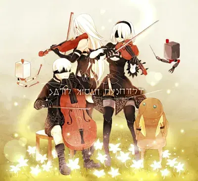 2B, 9S and A2 from Nier Automata musical ensemble - digital artwork showing android warriors in signature outfits