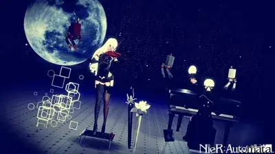 A2 and 9S from Nier Automata performing music - digital artwork showing android warriors in a surreal celestial setting
