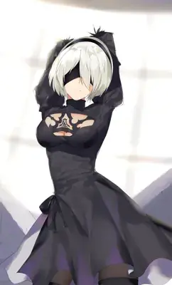 Digital art of NieR:Automata's 2B standing with arms raised, wearing her black dress, blindfold, and white hair against a bright, minimalist background.