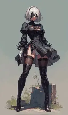 Digital illustration of 2B (YoRHa No.2 Type B) from NieR: Automata standing in a post-apocalyptic setting with a blindfold and black dress.