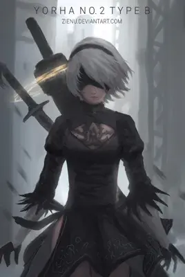 2B from Nier Automata standing in a misty urban environment - digital artwork showing android warrior in signature outfit