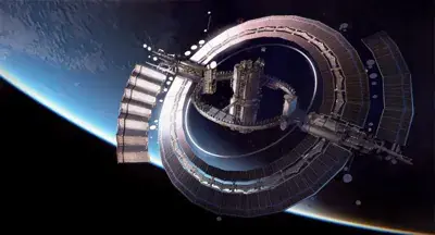 The Bunker from Nier Automata orbiting Earth - digital artwork showing the massive space station in detailed 4K render