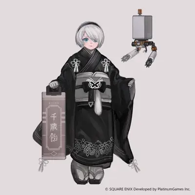 2B from Nier Automata in a traditional black kimono - digital artwork showing android warrior in signature outfit