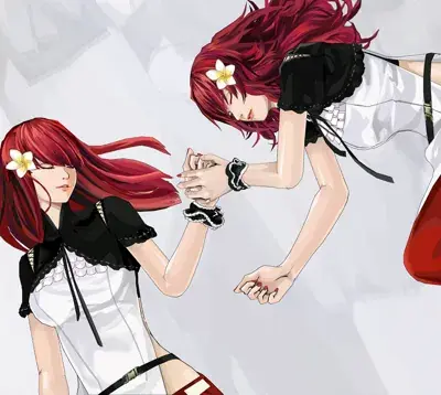 Digital illustration of 2B (YoRHa No.2 Type B) from NieR: Automata in a gothic-lolita outfit with red hair and a blindfold.