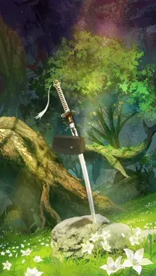 Virtuous Contract sword from Nier Automata standing in a forest - digital artwork showing the iconic weapon in a lush, post-apocalyptic setting