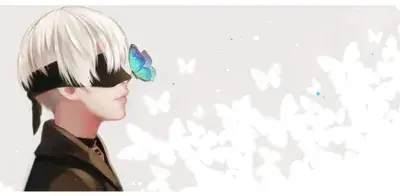 9S from Nier Automata with a butterfly on his blindfold - digital artwork showing android character art