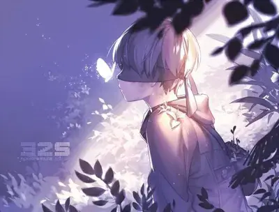 9S from Nier Automata finding a butterfly in the forest - digital artwork showing android character in signature outfit