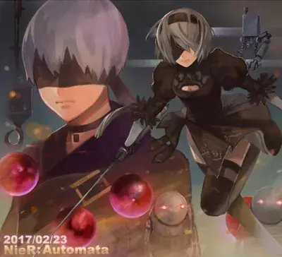 Digital art of 2B from NieR: Automata leaping into combat with a sword, set against a large background portrait of 9S and an industrial factory backdrop.