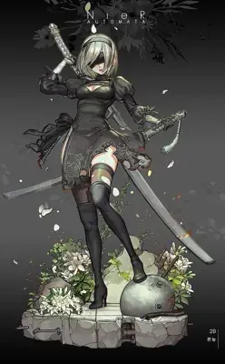 Detailed digital fan art illustration of 2B from NieR Automata. She is in a dramatic action pose, dual-wielding katanas while standing on a ruined platform overgrown with white lilies and crushing a machine lifeform head.